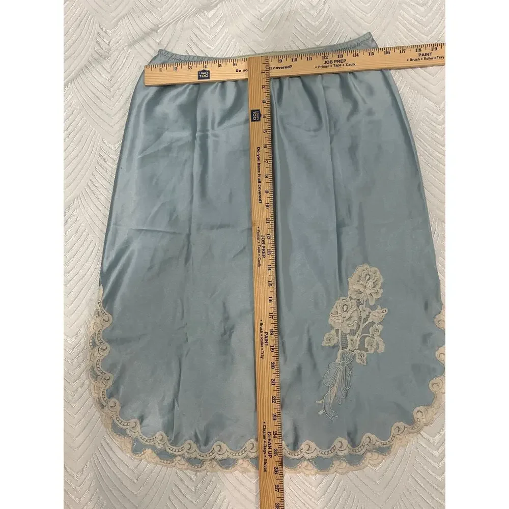 Vintage Christian Dior Slip Skirt Light Blue Lace Trim ILGWU USA Made M - Picture 9 of 15